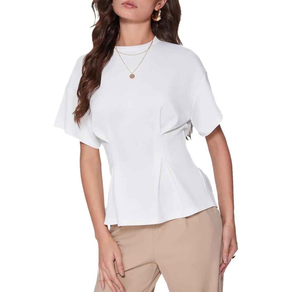 imageVinova Womens Summer Tops Short Sleeve Flared Hem T Shirts Blouses Crew Neck Tee Business Casual OutfitsWhite