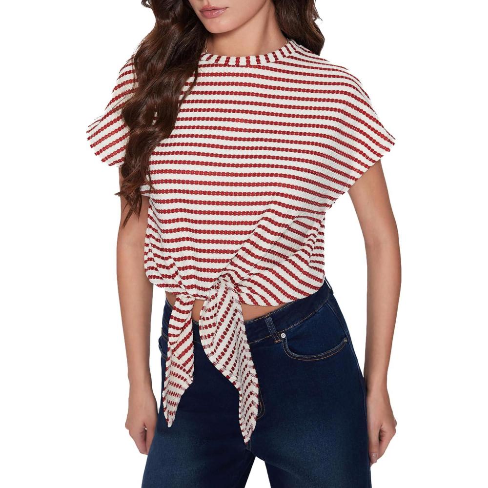 imageVinova Womens Summer Tops Striped Cap Sleeve Crew Neck Tie Knot Crop Tops T Shirts Loose Casual Summer OutfitsRed