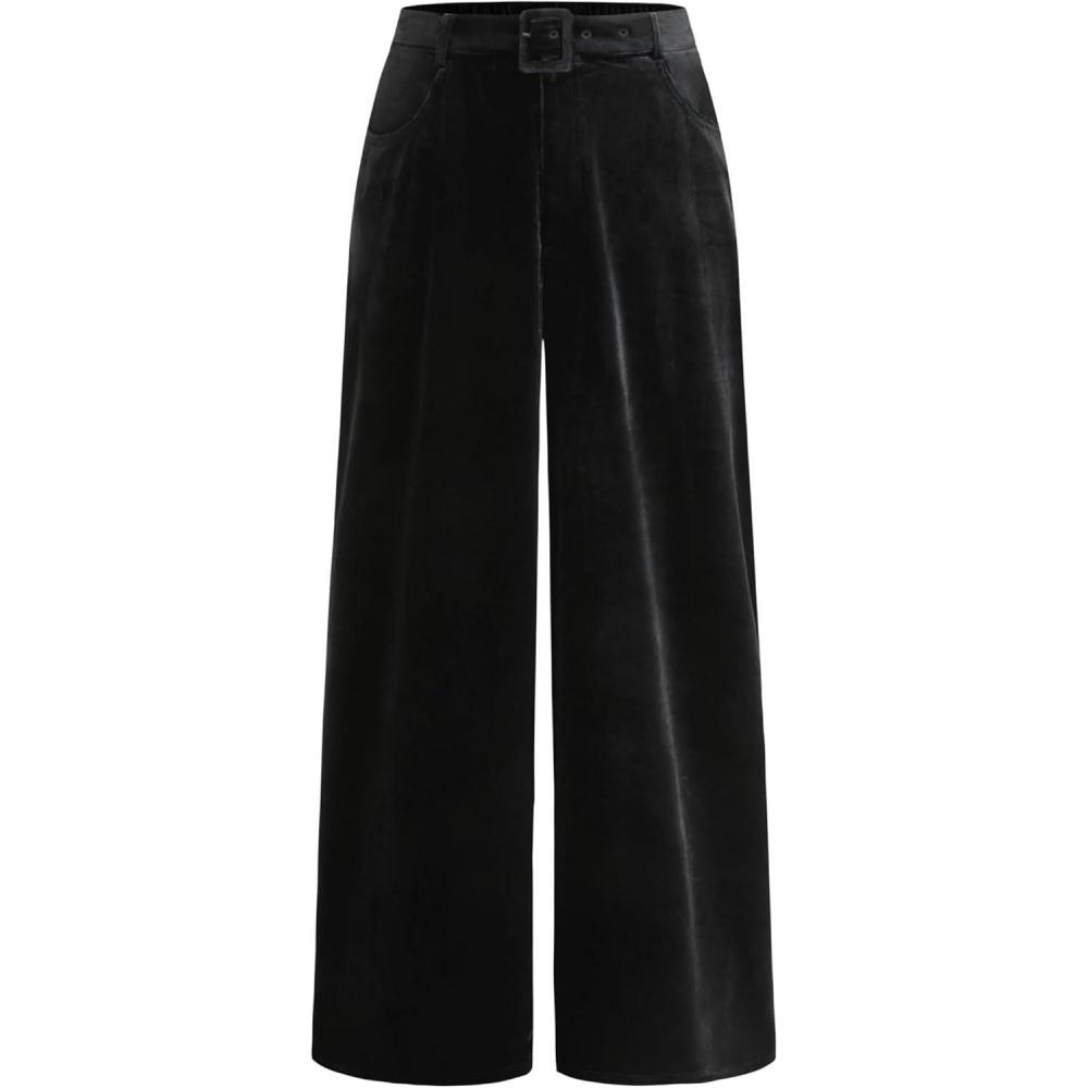 imageVinova Womens Velvet Wide Leg Pants High Waist Belted TrousersBlack