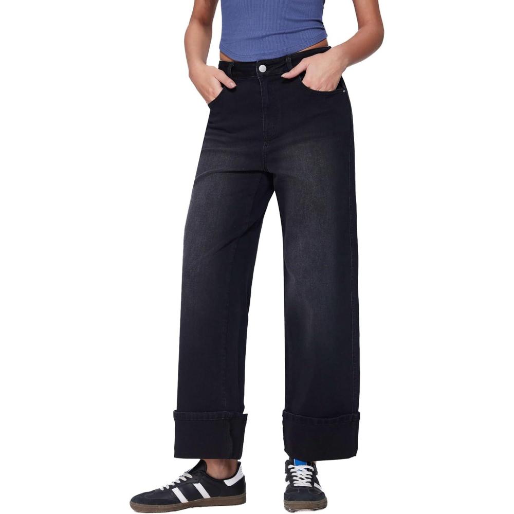 imageVinova Womens Wide Leg Baggy Jeans Stretchy Folded Hem Cuffed Boyfriend Denim Pants Trendy Straight Leg Trouser JeansBlack