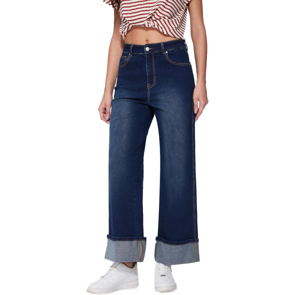 imageVinova Womens Wide Leg Baggy Jeans Stretchy Folded Hem Cuffed Boyfriend Denim Pants Trendy Straight Leg Trouser JeansDark Denim