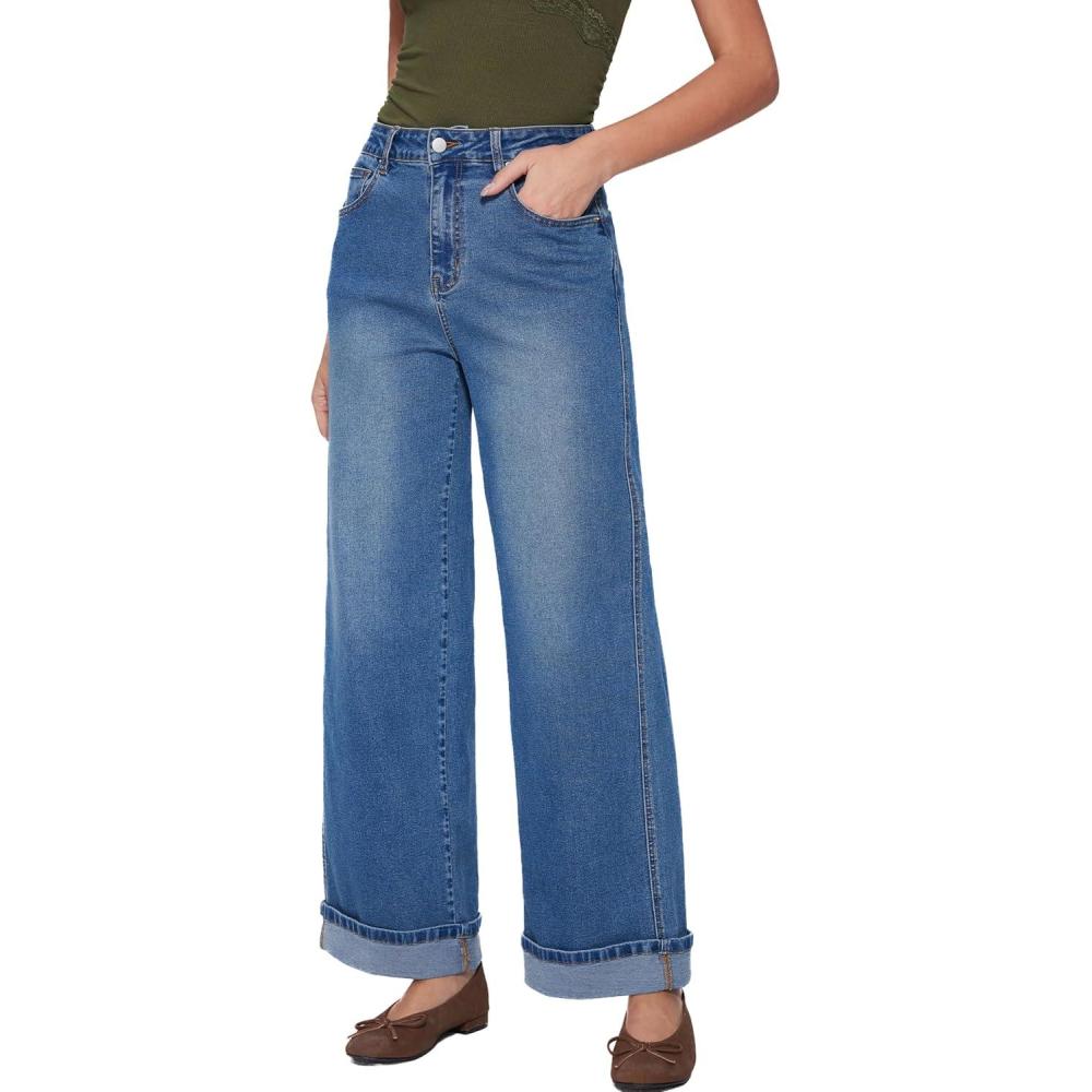 imageVinova Womens Wide Leg Baggy Jeans Stretchy Folded Hem Cuffed Boyfriend Denim Pants Trendy Straight Leg Trouser JeansDenim