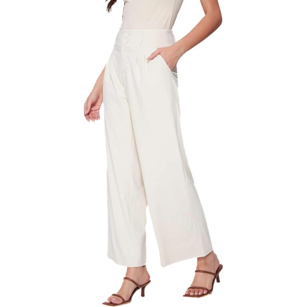 imageVinova Womens Wide Straight Leg Pants Buttoned Stretchy High Waisted Business Casual Pants with PocketsBeige