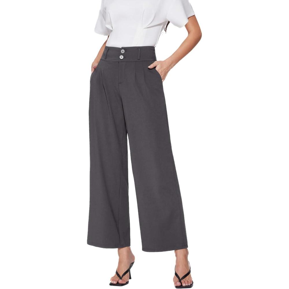 imageVinova Womens Wide Straight Leg Pants Buttoned Stretchy High Waisted Business Casual Pants with PocketsGrey