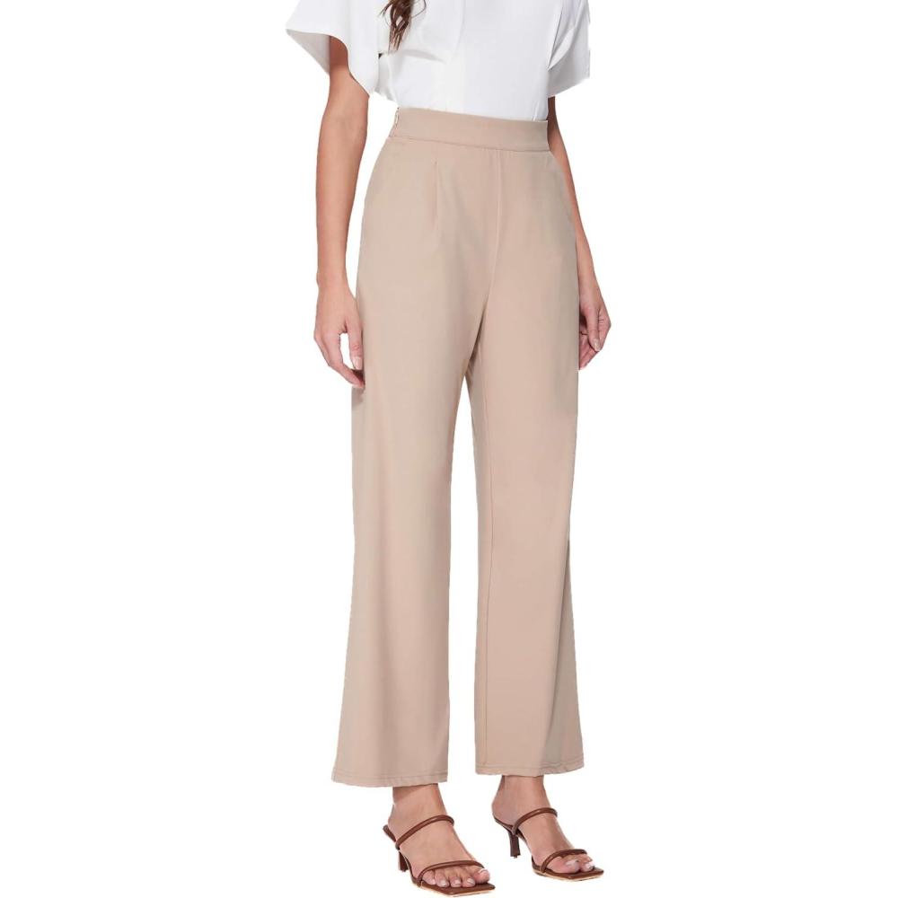 imageVinova Womens Wide Straight Leg Pants Stretchy Summer High Waisted Casual Lounge Pants with PocketsKhaki