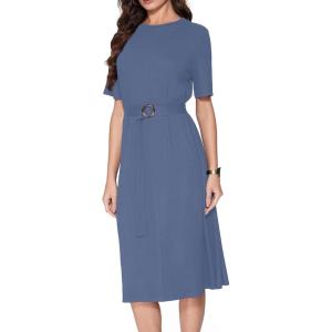 Vinova Casual Dresses for Women Short Sleeve Midi Modest Crew Neck Summer Dress with Belt(Denim)