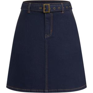 Vinova Denim A-Line Skirt with Belt Womens Casual Fashion Skirt(Dark Denim)