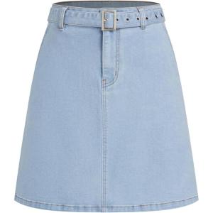 Vinova Denim A-Line Skirt with Belt Womens Casual Fashion Skirt(Light Blue)