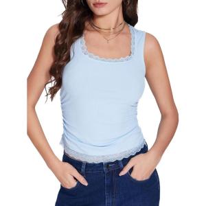 Vinova Lace Tank Tops for Women Summer Ruched V Neck Sleeveless Going Out Tops Sexy Trendy T Shirts Casual(Sky Blue)