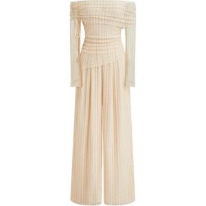 Vinova Off Shoulder Lace Jumpsuit Long Sleeve Wide Leg Pant Set(Beige)