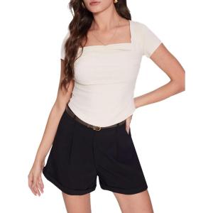 Vinova Summer Going Out Tops for Women Ruched Square Neck Short Sleeve Top Slim Fit T Shirts Trendy 2025(Beige)