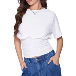 Vinova Summer Tops for Women Crewneck Short Sleeve Corset Top Solid Business Casual T Shirts Trendy 2025(White)
