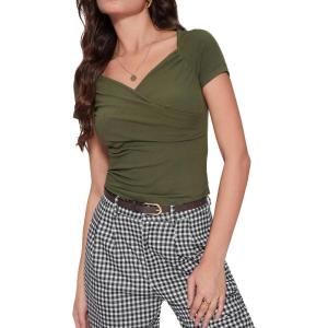 Vinova Summer Tops for Women Short Sleeve V Neck Slim Fit Ruched Going Out Tops Sexy Crop Top Tee T Shirt(Green)