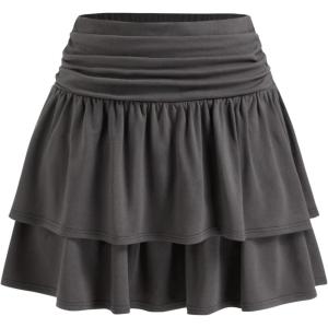 Vinova Tiered Ruffle Mini Skirt High Waisted Ruched Skirt for Women(Grey)