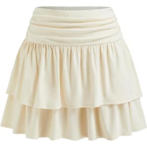 Vinova Tiered Ruffle Mini Skirt High Waisted Ruched Skirt for Women(White)