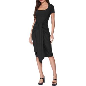 Vinova Women Wrap Midi Dress Summer Square Neck Sundress Cocktail Bodycon Ruched Dresses(Black)