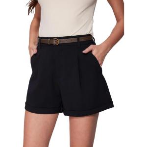 Vinova Womens Shorts Dressy Casual Pleated Elastic High Waisted Trouser Wide Leg Work Trouser Shorts with Pockets & Belt(Black)