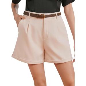 Vinova Womens Shorts Dressy Casual Pleated Elastic High Waisted Trouser Wide Leg Work Trouser Shorts with Pockets & Belt(Ivory)