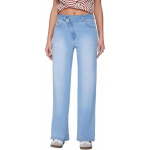 Vinova Womens Straight Leg Jeans Stretchy Cross Fly High Waisted Wide Leg Baggy Casual Trendy Pants with Pockets(Baby Blue)