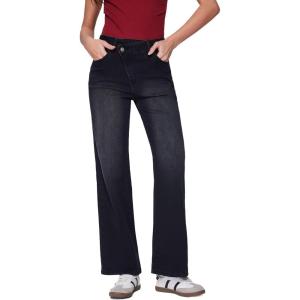 Vinova Womens Straight Leg Jeans Stretchy Cross Fly High Waisted Wide Leg Baggy Casual Trendy Pants with Pockets(Black)
