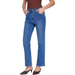 Vinova Womens Straight Leg Jeans for Women Stretchy Mid Waisted Trendy Denim Pants Bottoms with Pockets(Blue)