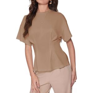 Vinova Women’s Summer Tops Short Sleeve Flared Hem T Shirts Blouses Crew Neck Tee Business Casual Outfits(Brown)