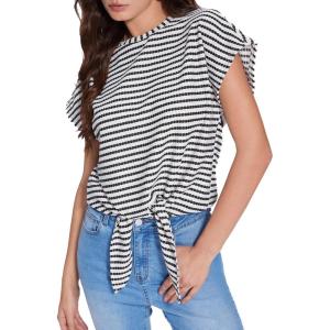 Vinova Women’s Summer Tops Striped Cap Sleeve Crew Neck Tie Knot Crop Tops T Shirts Loose Casual Summer Outfits(Black)