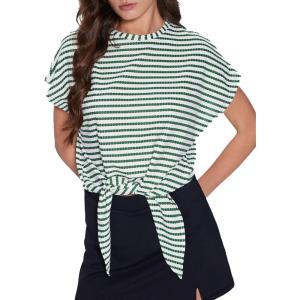 Vinova Women’s Summer Tops Striped Cap Sleeve Crew Neck Tie Knot Crop Tops T Shirts Loose Casual Summer Outfits(Light Green)