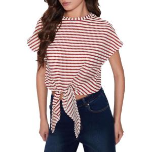 Vinova Women’s Summer Tops Striped Cap Sleeve Crew Neck Tie Knot Crop Tops T Shirts Loose Casual Summer Outfits(Red)