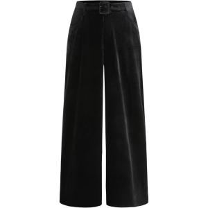 Vinova Womens Velvet Wide Leg Pants High Waist Belted Trousers(Black)