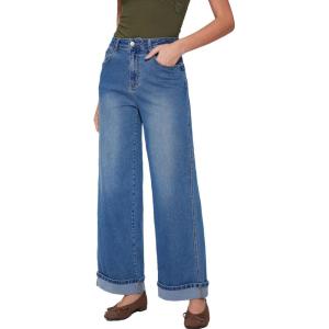 Vinova Womens Wide Leg Baggy Jeans Stretchy Folded Hem Cuffed Boyfriend Denim Pants Trendy Straight Leg Trouser Jeans(Denim)