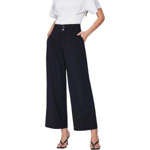 Vinova Womens Wide Straight Leg Pants Buttoned Stretchy High Waisted Business Casual Pants with Pockets(Black)