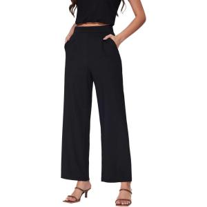 Vinova Womens Wide Straight Leg Pants Stretchy Summer High Waisted Casual Lounge Pants with Pockets(Black)