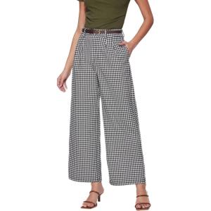 Vinova Womens Wide Straight Leg Pants Summer Plaid Pleated High Waisted Casual Work Pants(Black)