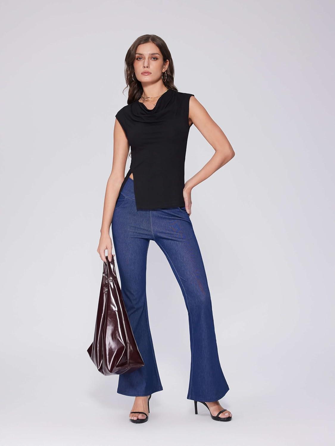 imageVinova Tank Tops for Women Cowl Neck Side Split Hem Sleeveless Going Out Tops Casual Summer Vacation Outfits 2025Black