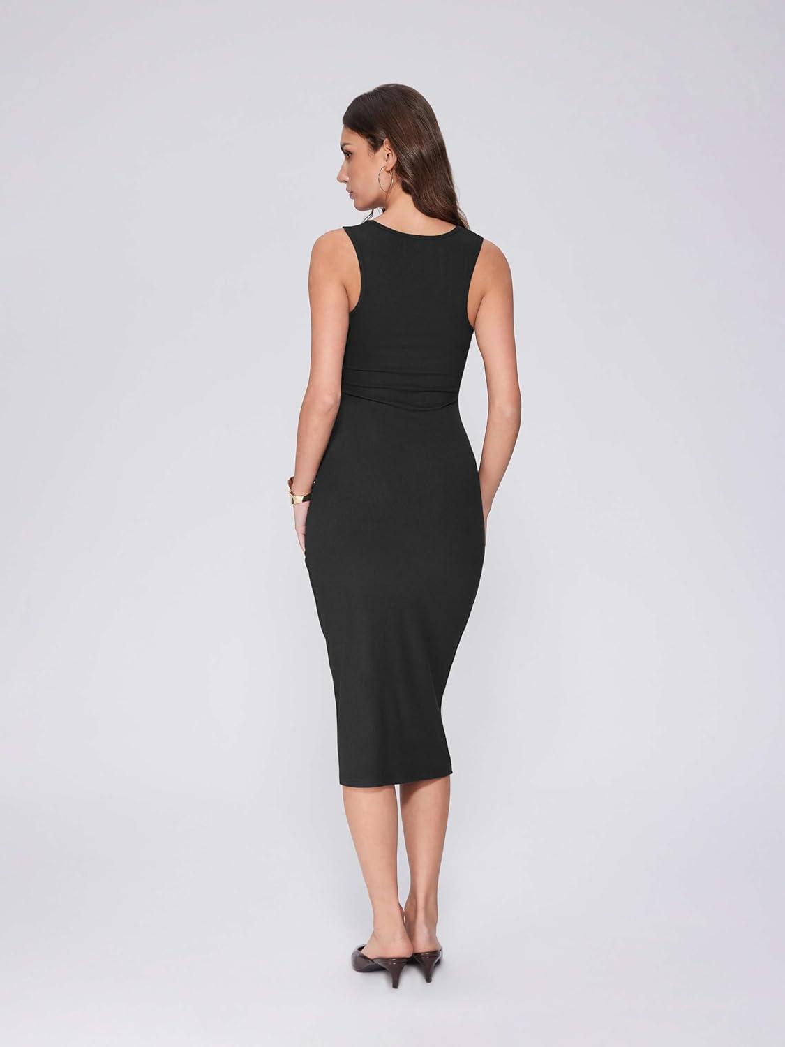 imageVinova Womens Sleeveless Ruched Dress Square Neck Party Club Cocktail Bodycon Midi DressBlack