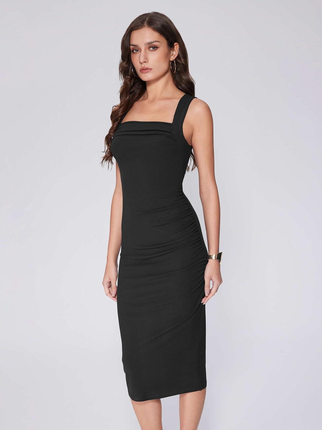 imageVinova Womens Sleeveless Ruched Dress Square Neck Party Club Cocktail Bodycon Midi DressBlack