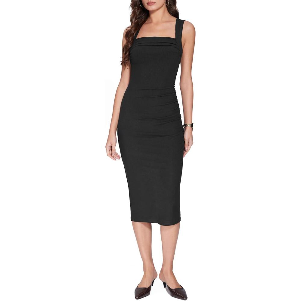 imageVinova Womens Sleeveless Ruched Dress Square Neck Party Club Cocktail Bodycon Midi DressBlack