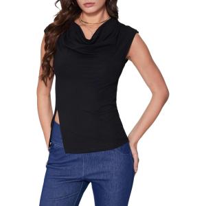 Vinova Tank Tops for Women Cowl Neck Side Split Hem Sleeveless Going Out Tops Casual Summer Vacation Outfits 2025(Black)