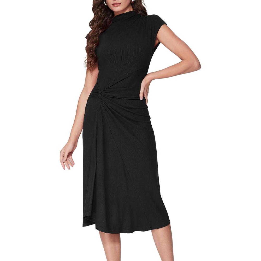 imageVinova Slit Maxi Dresses for Women Tie Front Work Dress Cap Sleeve Midi Dress Asymmetrical Summer Dress Trendy OutfitBlack