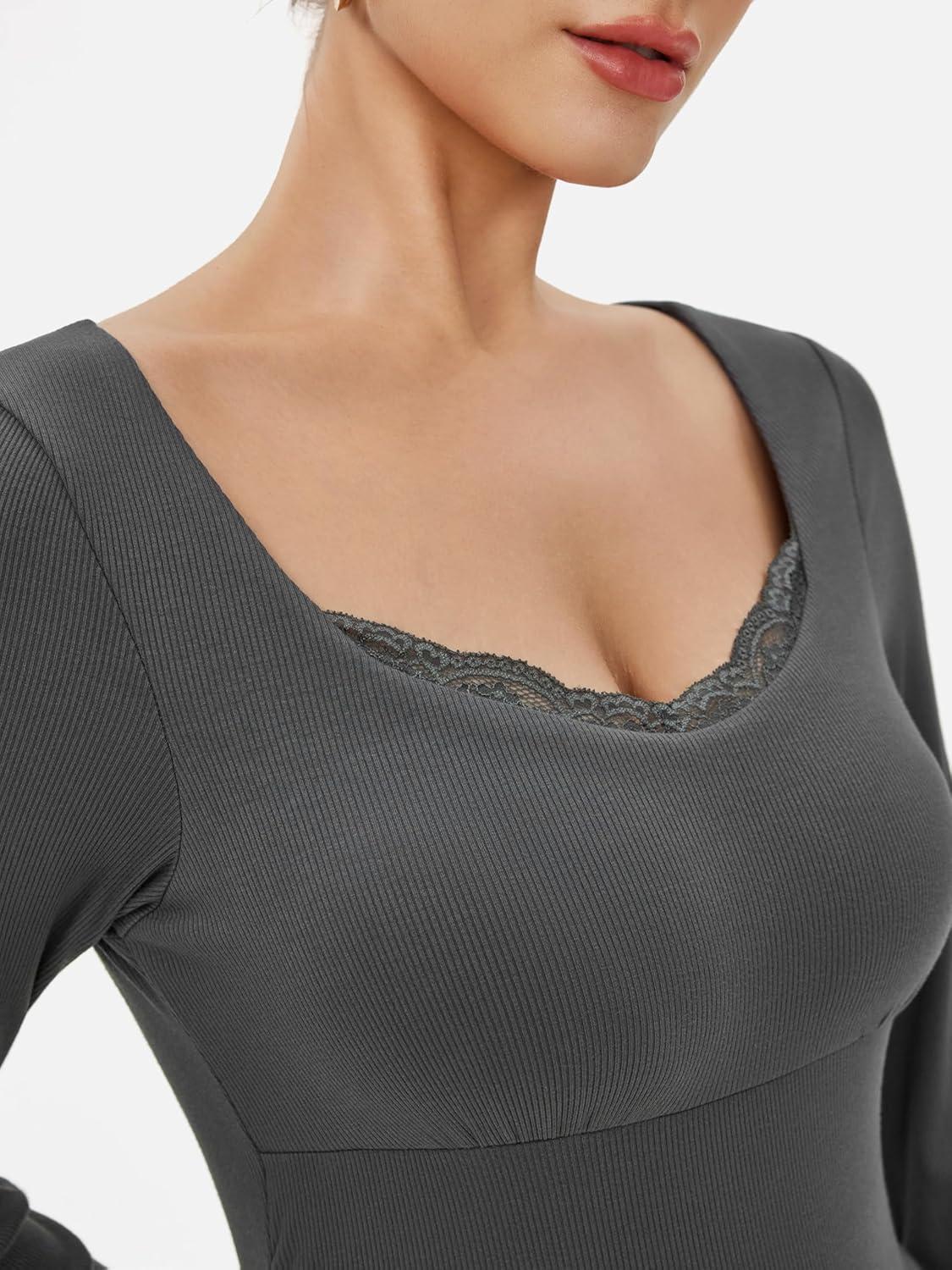 imageVinova Long Sleeve Square Neck High Stretch Casual Going Out Jumpsuits with Lace TrimGrey