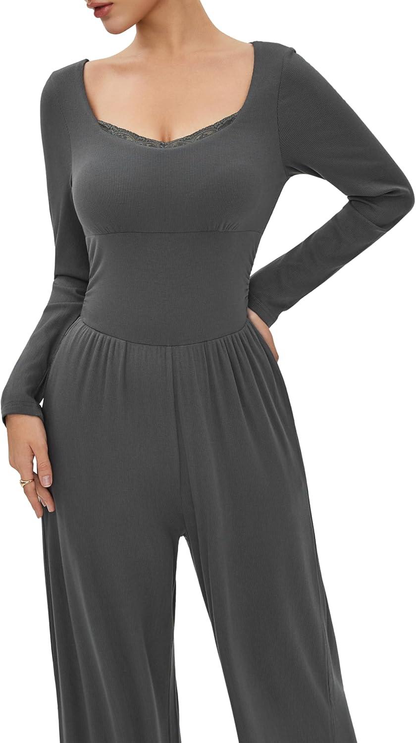 imageVinova Long Sleeve Square Neck High Stretch Casual Going Out Jumpsuits with Lace TrimGrey