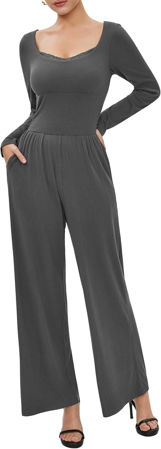 imageVinova Long Sleeve Square Neck High Stretch Casual Going Out Jumpsuits with Lace TrimGrey