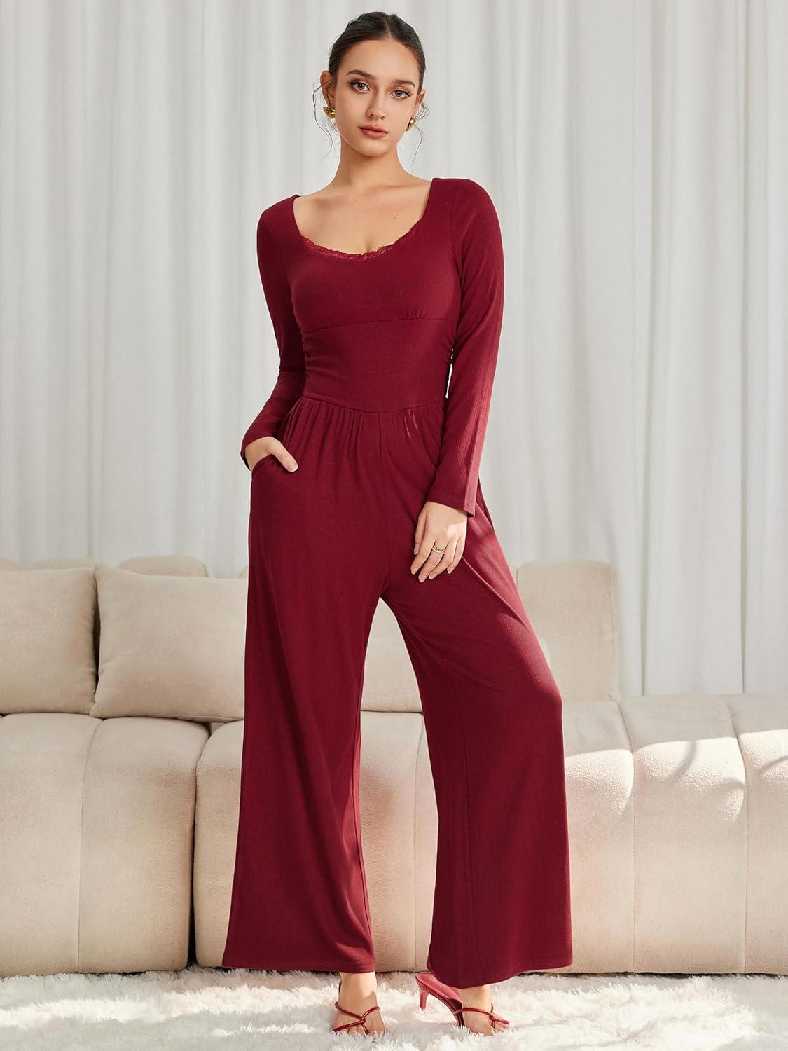 imageVinova Long Sleeve Square Neck High Stretch Casual Going Out Jumpsuits with Lace TrimWine