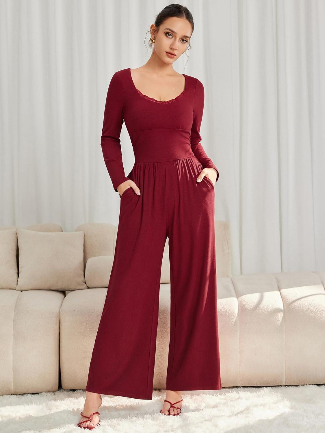 imageVinova Long Sleeve Square Neck High Stretch Casual Going Out Jumpsuits with Lace TrimWine