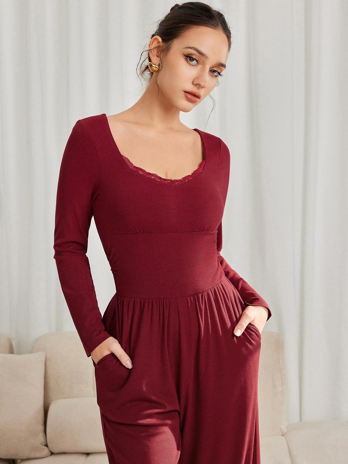 imageVinova Long Sleeve Square Neck High Stretch Casual Going Out Jumpsuits with Lace TrimWine