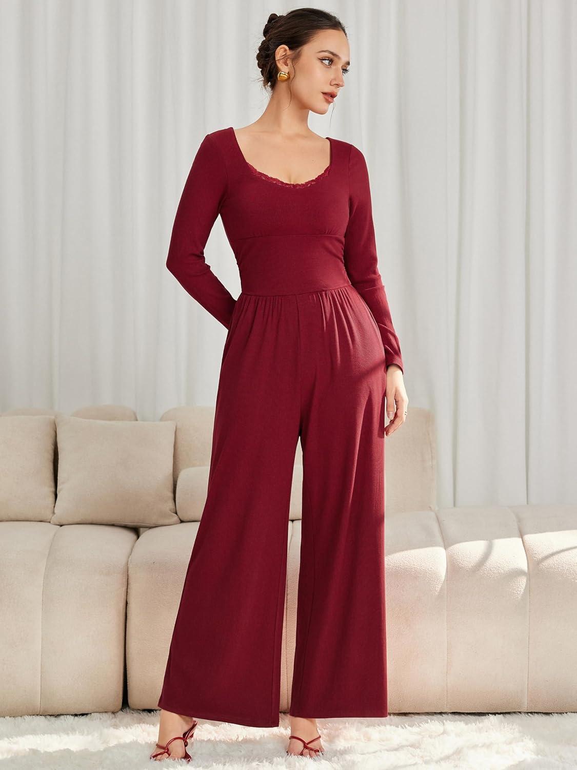 imageVinova Long Sleeve Square Neck High Stretch Casual Going Out Jumpsuits with Lace TrimWine