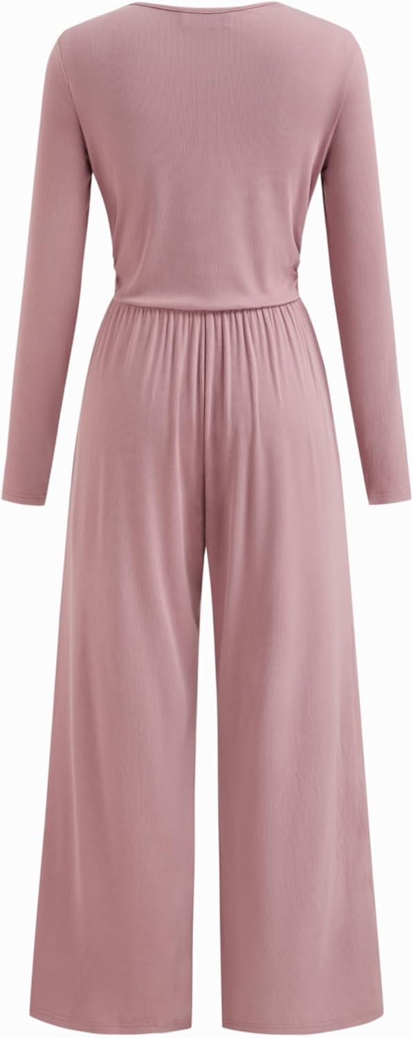 imageVinova Women HighStretch Solid Cowl Neck Long Sleeves Casual Wide Leg JumpsuitsPink