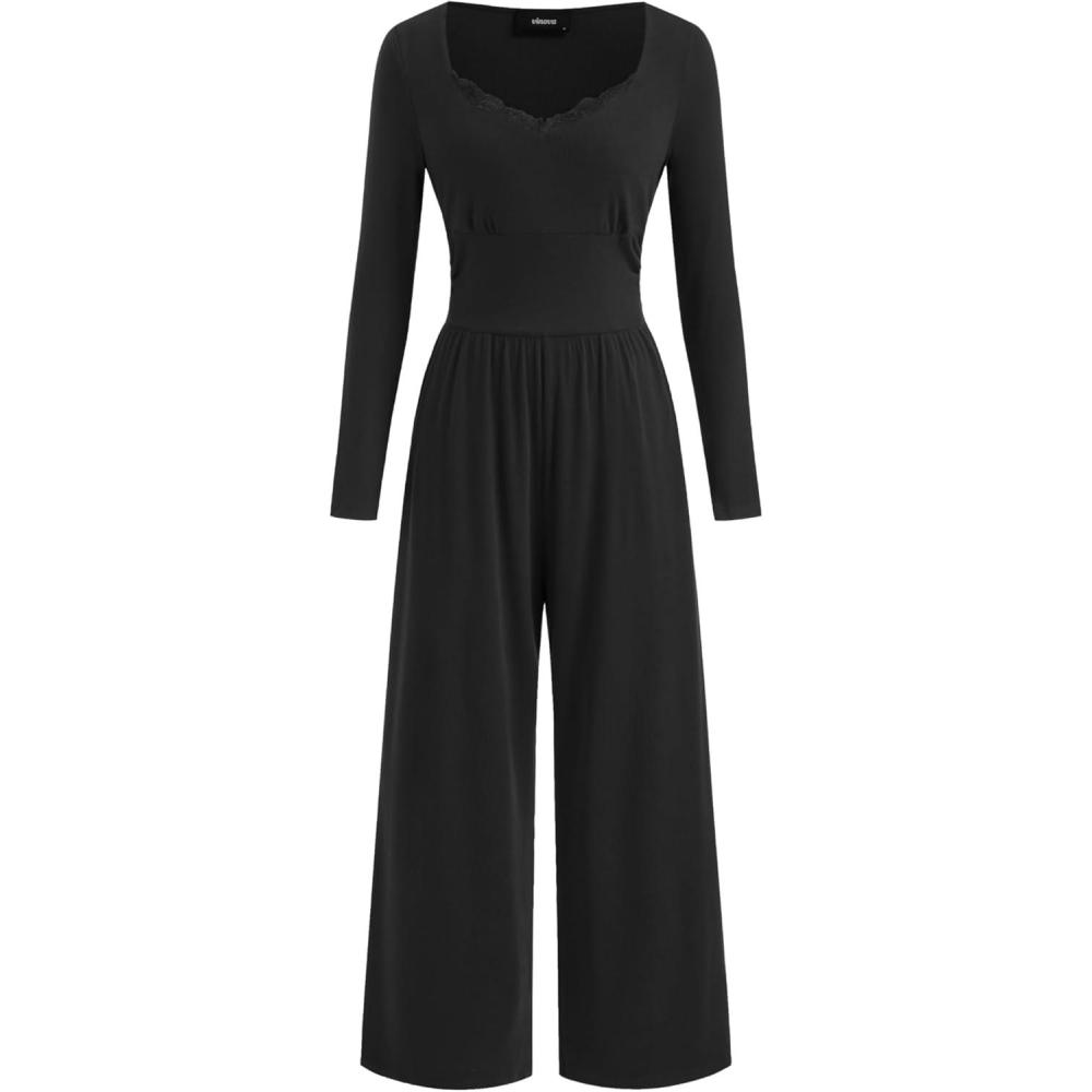 imageVinova Long Sleeve Square Neck High Stretch Casual Going Out Jumpsuits with Lace TrimBlack