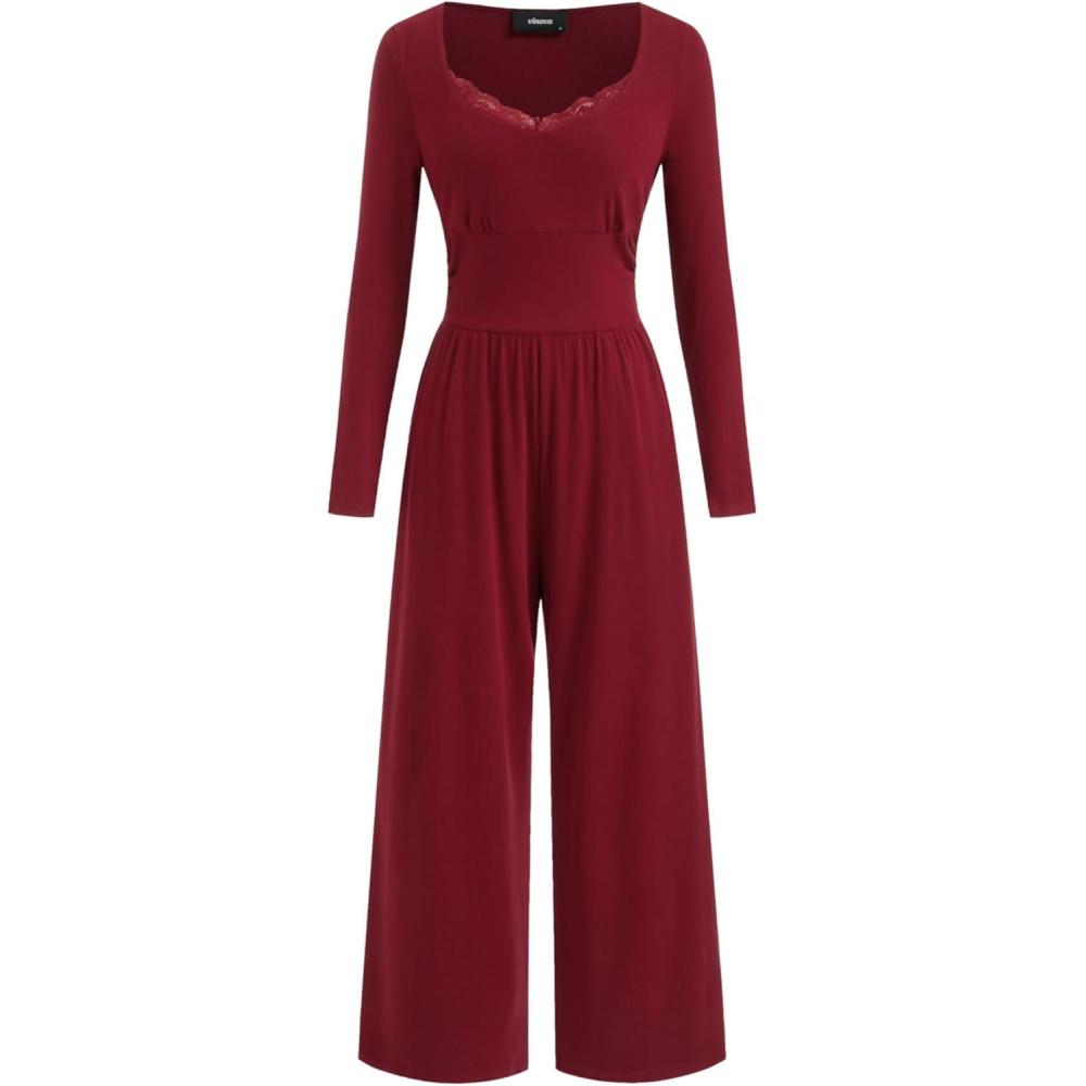 imageVinova Long Sleeve Square Neck High Stretch Casual Going Out Jumpsuits with Lace TrimWine